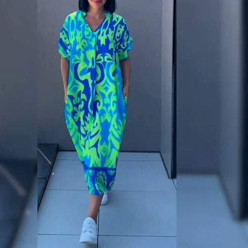 Baroque Print V-Neck Short Sleeve Oversized Midi Dress Summer