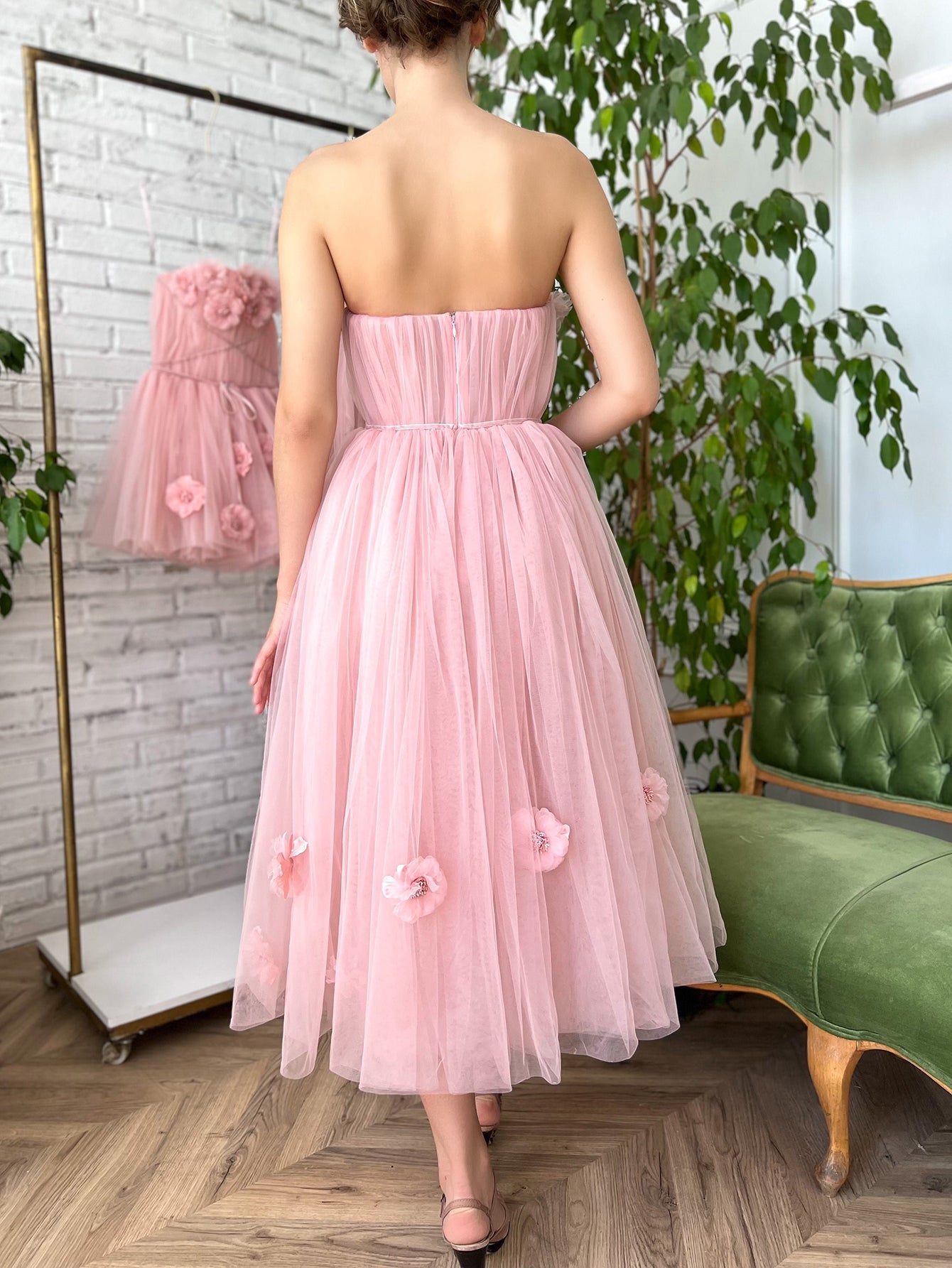 Corset A-Line Pink Strapless Midi Prom Dress With 3D Flowers - Fashionpara
