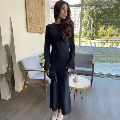 Satin Scoop Neck Bell Sleeve Ruched Waist Mermaid Maxi Dress - View 5