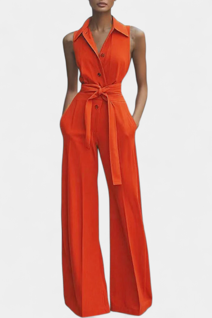 Collared Sleeveless Belted Wide Leg Jumpsuit