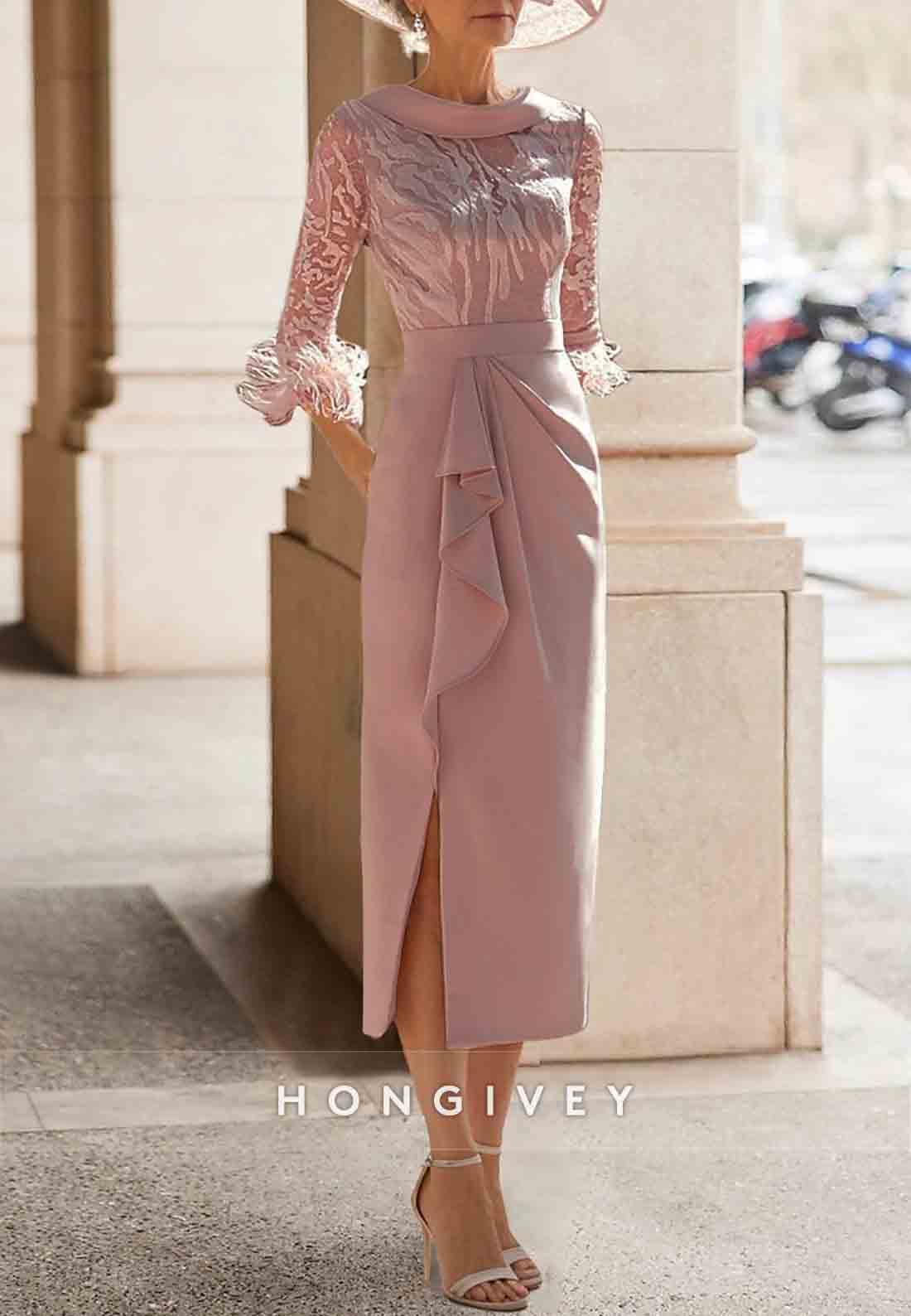 Pleated Feather 3/4 Sleeve Tea-Length Sheath Side Slit Mother of the Bride