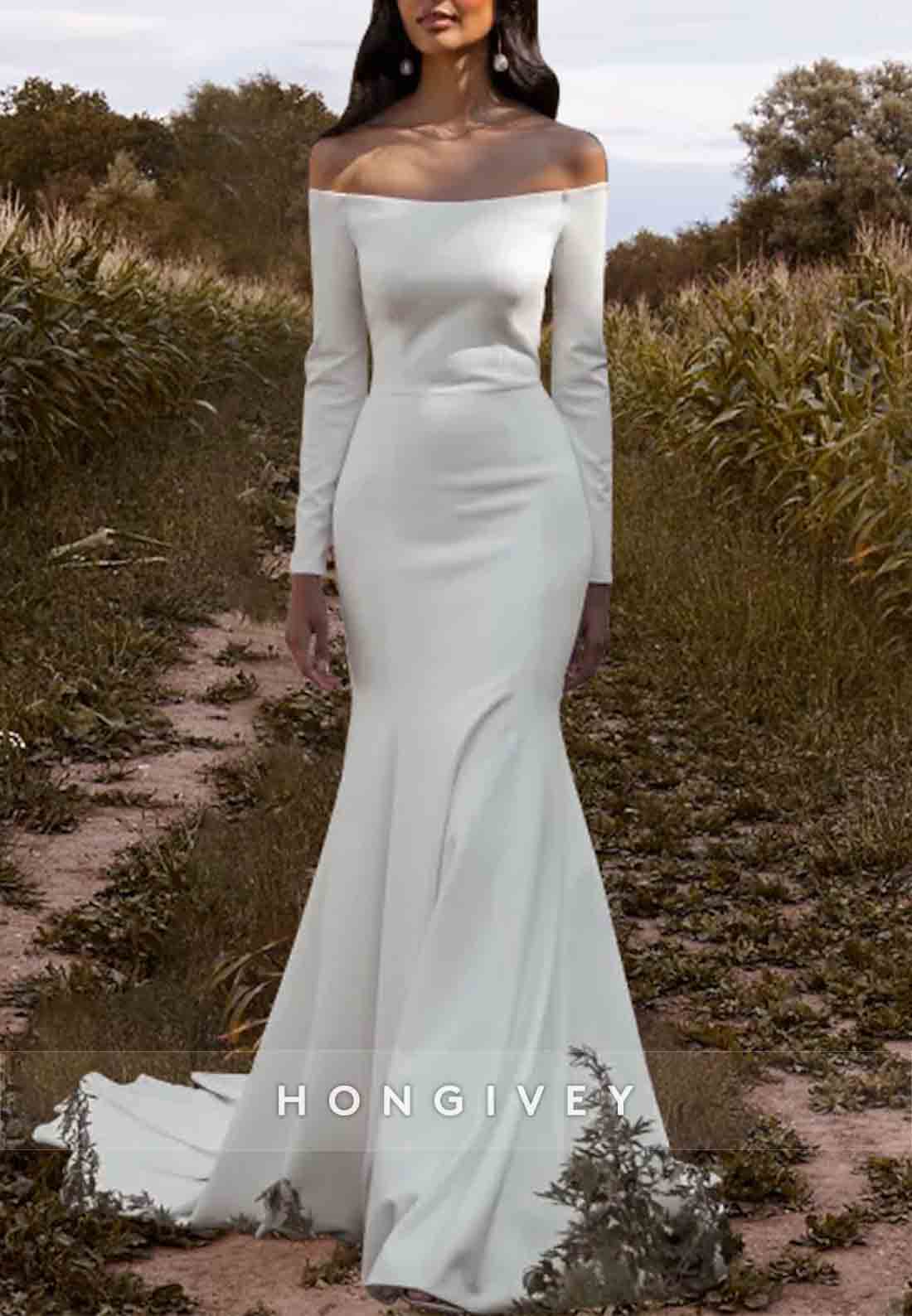 Off the Shoulder Long Sleeves Court Train Mermaid Wedding Dresses