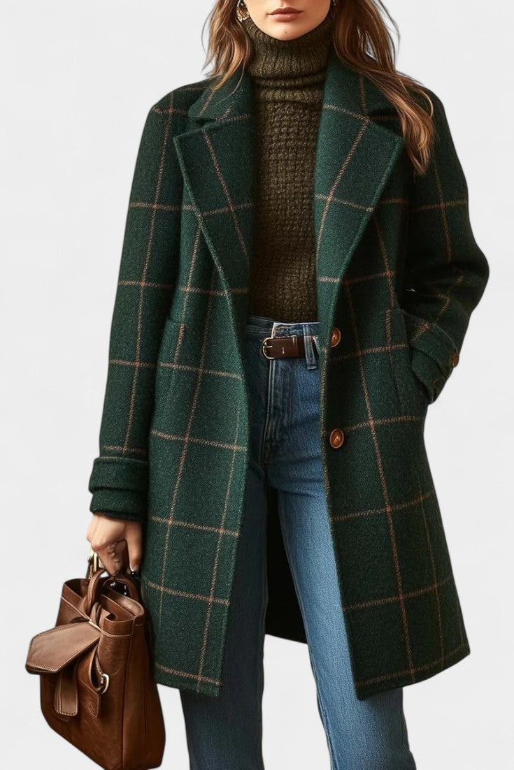 Windowpane Check Notch Lapel Longline Coat