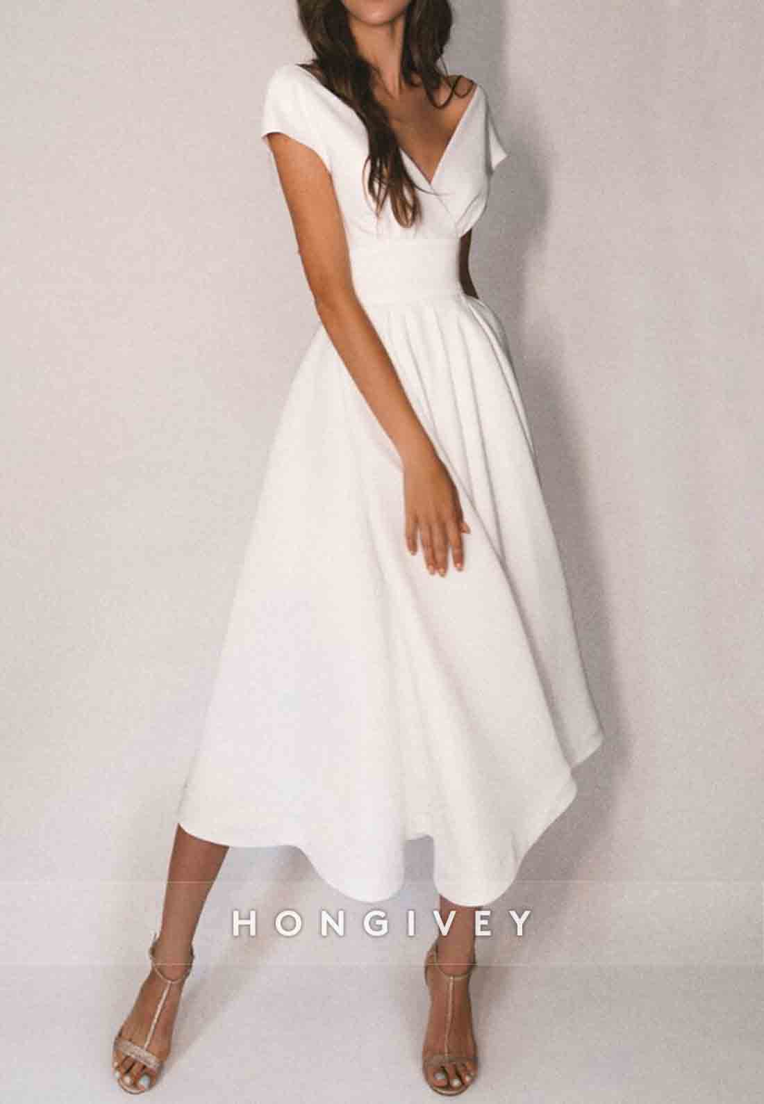 Tea-Length V Neck A-Line Cut out Back Beach Wedding Dresses