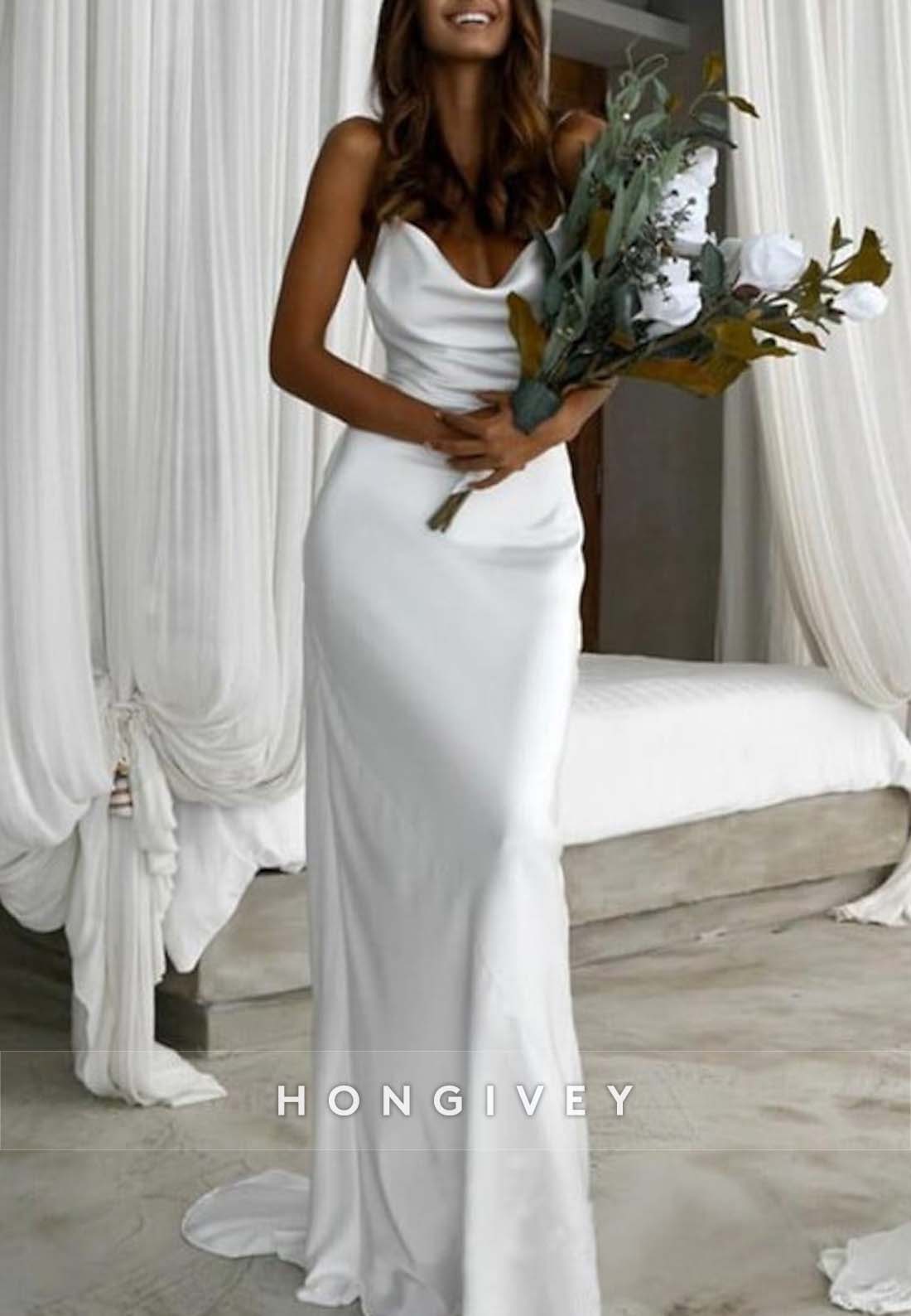 Cowl Neck Pleated Satin Floor-Length Sheath Spaghetti Straps Wedding Dresses