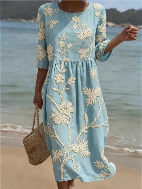 Floral Embroidered Round Neck Half Sleeve Midi Dress