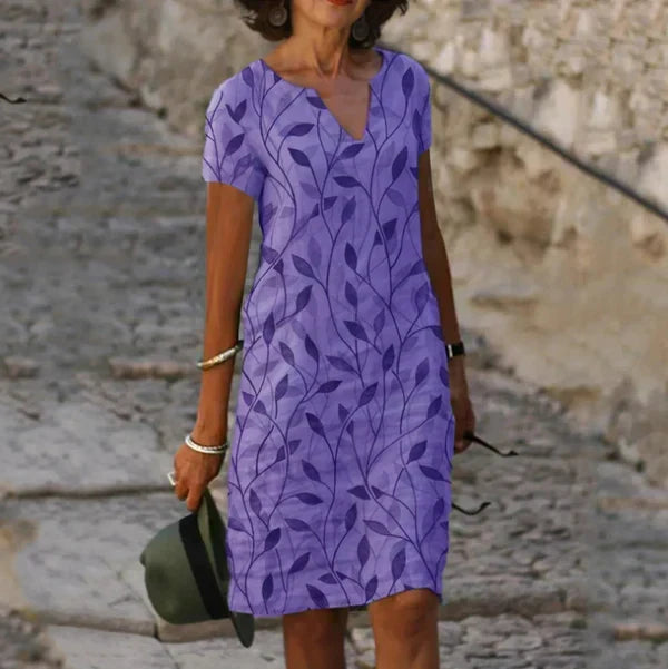 Leaf Print Notch Neck Short Sleeve Shift Dress 3
