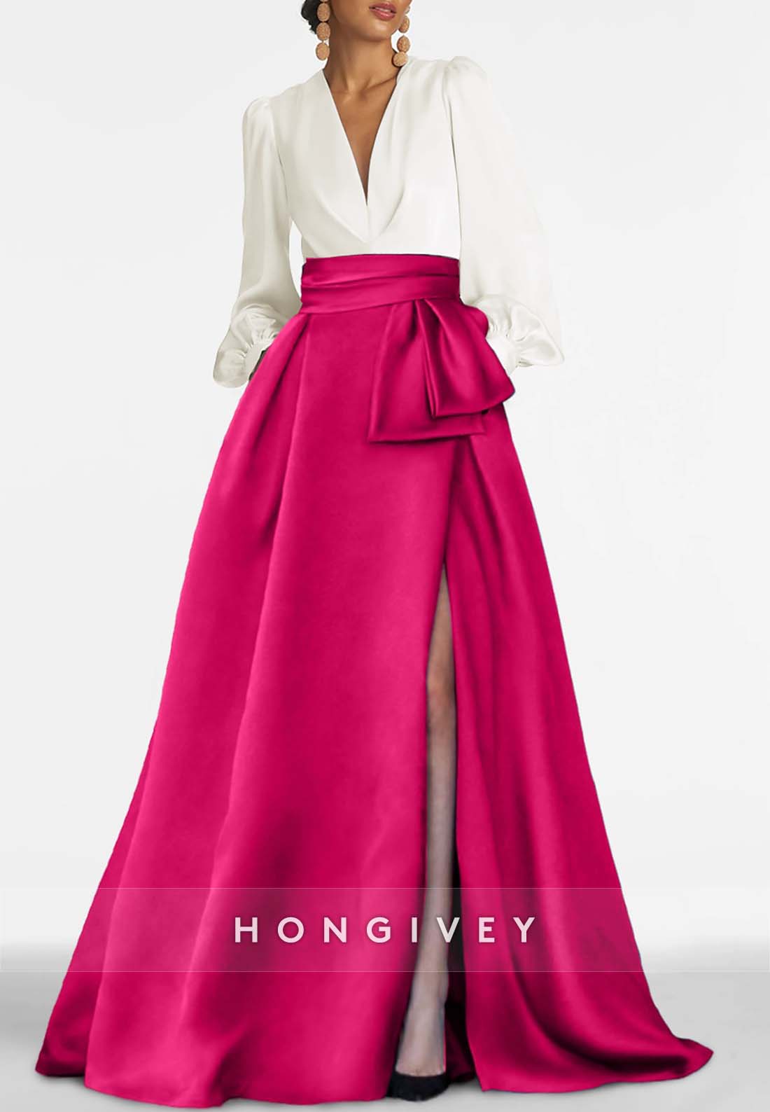 A-line High Slit Evening Gown Floor-Length V Neck Long Sleeve Pleated Mother of the Bride