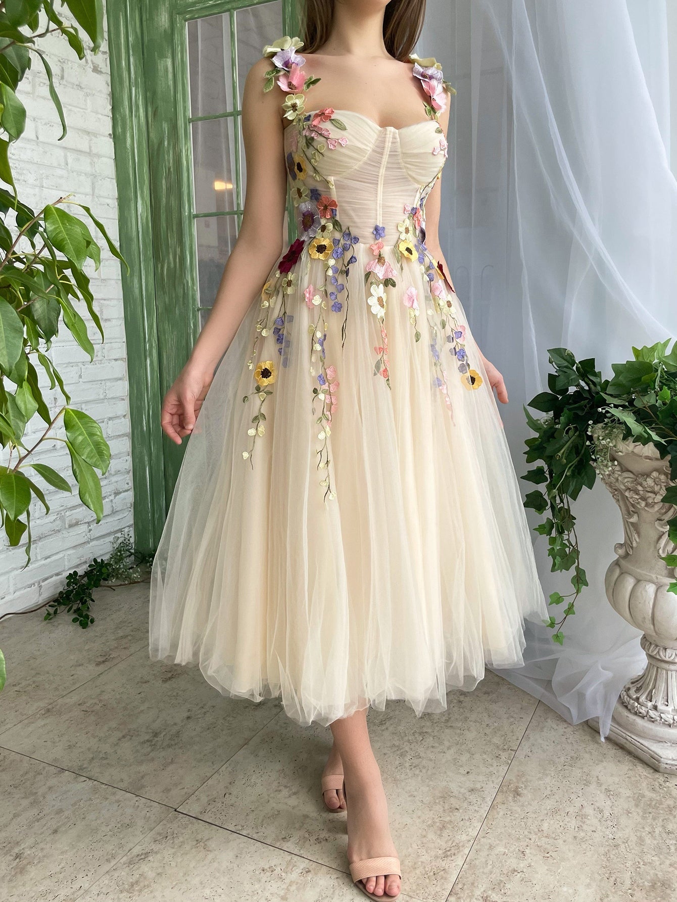 Corset A-Line Champagne Backless Midi Prom Dress With 3D Flowers - Fashionpara