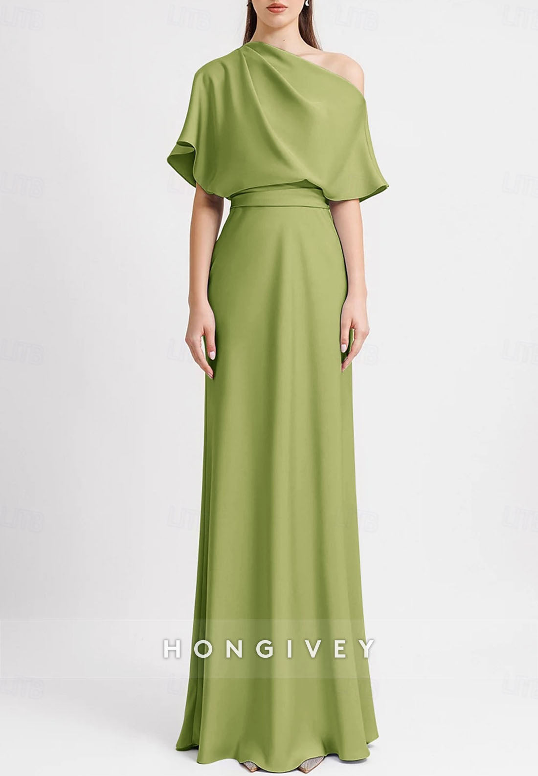 Simple Wedding Guest Dresses Sheath Floor-Length One Shoulder Flutter Sleeves Pleated Evening Gown