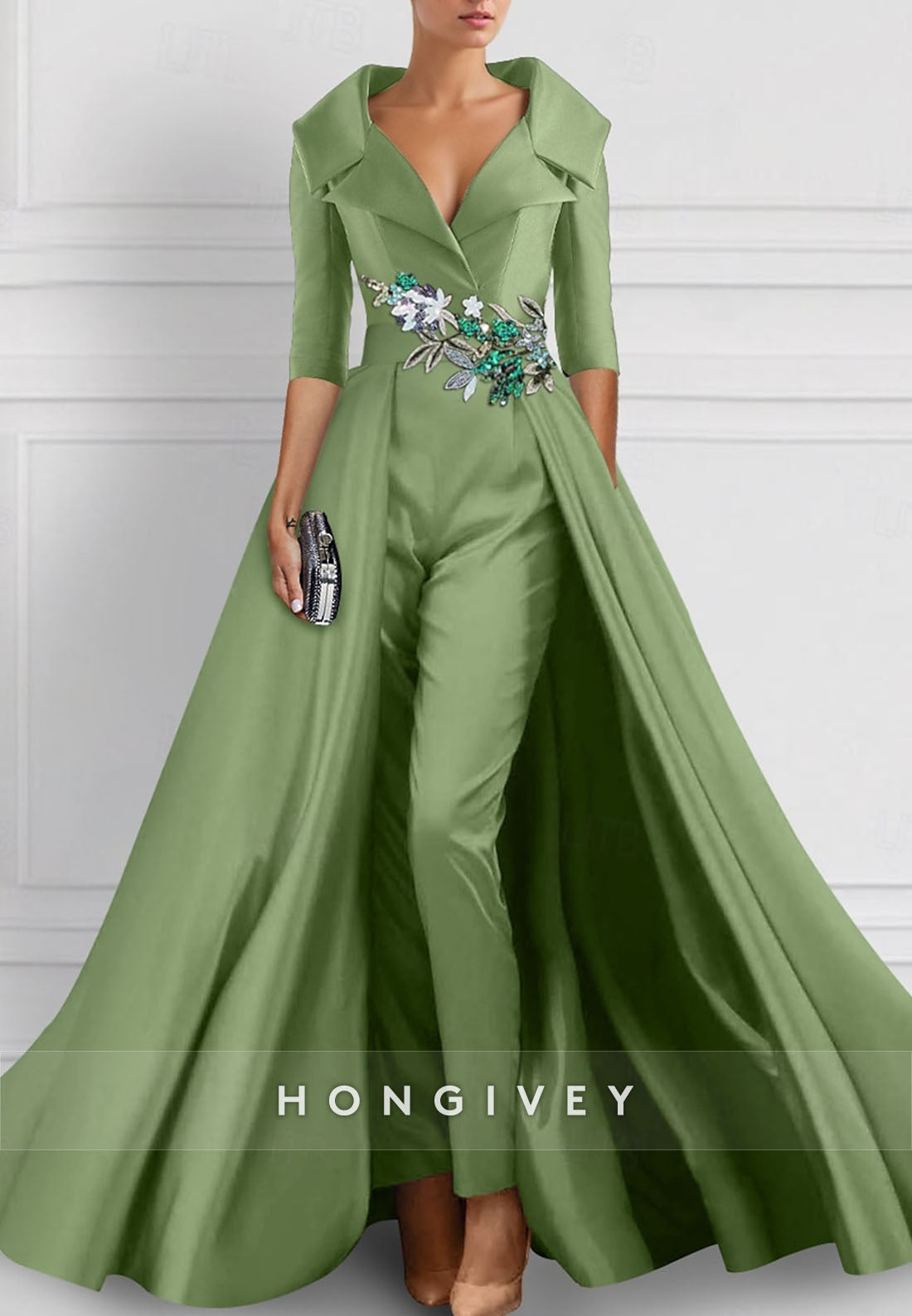 Jumpsuit V Neck Satin Watteau Train Half Sleeve Appliqued Evening Gown