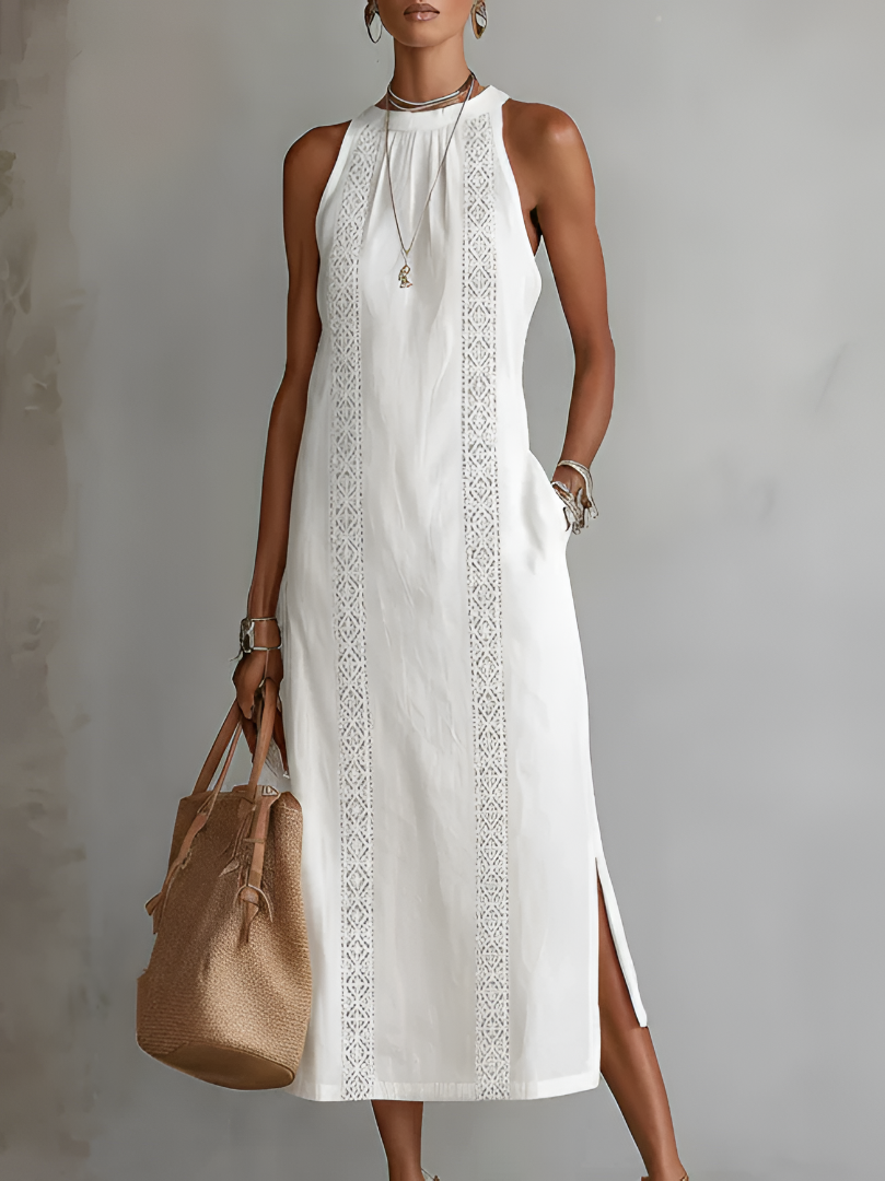 Halter Neck Sleeveless Lace Trim Side Split Midi Dress