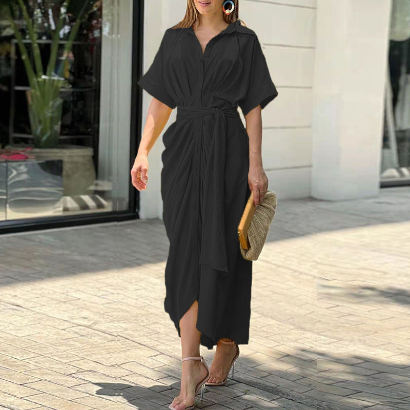 Collared Button Down Tie Belt Draped Ruched Midi Shirt Dress - View 5