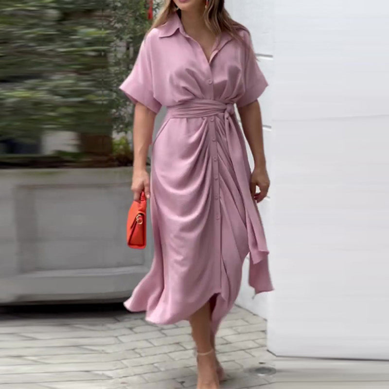 Collared Button Down Tie Belt Draped Ruched Midi Shirt Dress - View 6