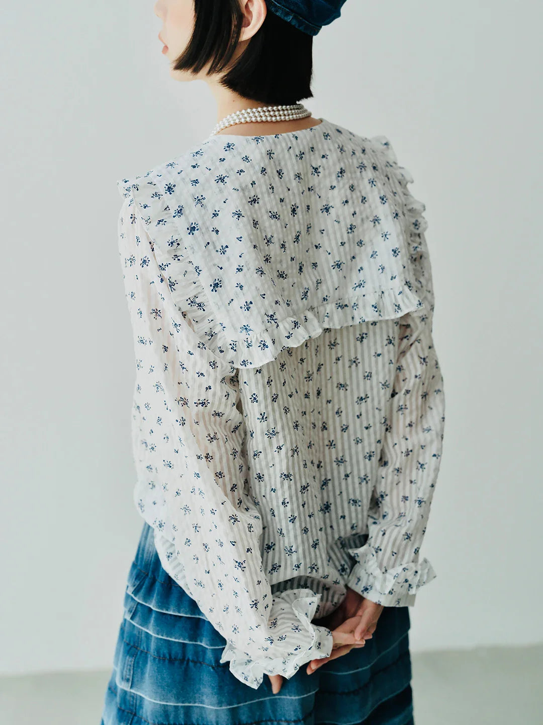 Japanese Floral Navy Collar Long Sleeve Shirt