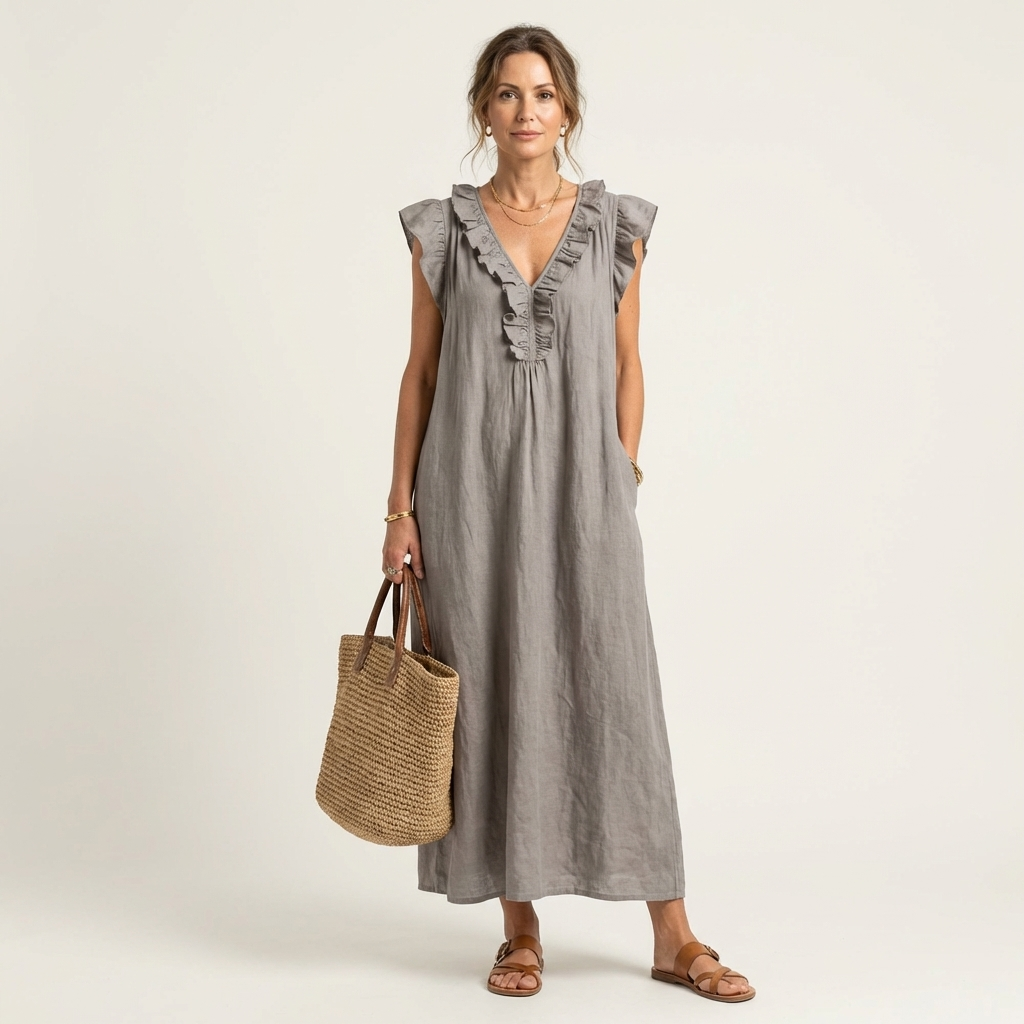 Ruffle V-Neck Sleeveless Linen Look Maxi Dress 3