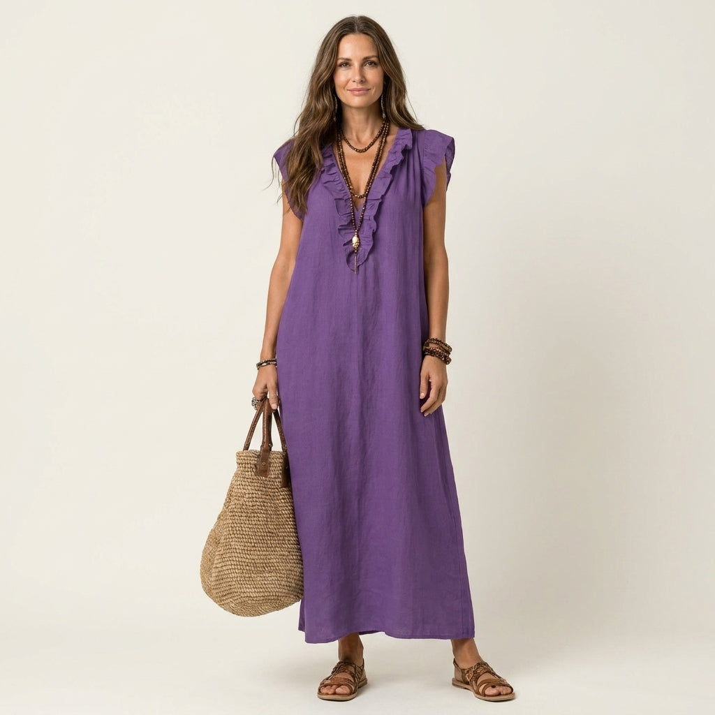 Ruffle V-Neck Sleeveless Linen Look Maxi Dress 12