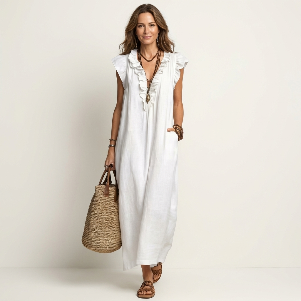 Ruffle V-Neck Sleeveless Linen Look Maxi Dress 10