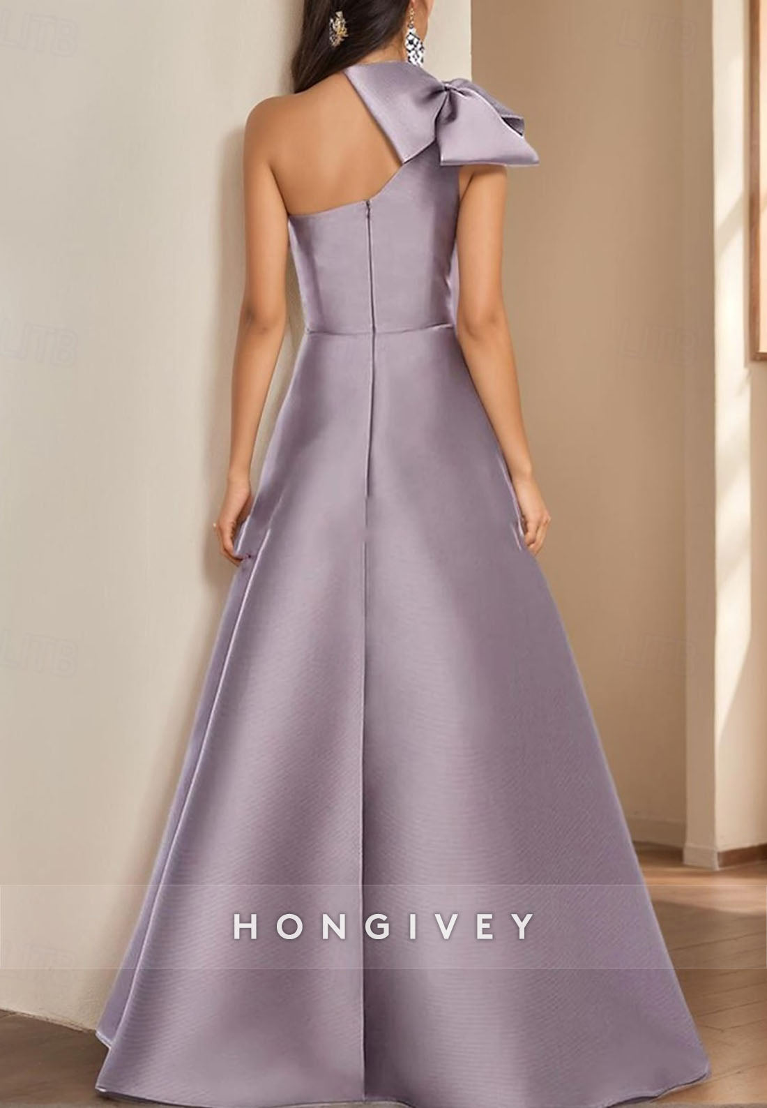 A-line Floor-Length Formal Dresses Mother of Bride One Shoulder Satin Pleated Bowknot Evening Gown