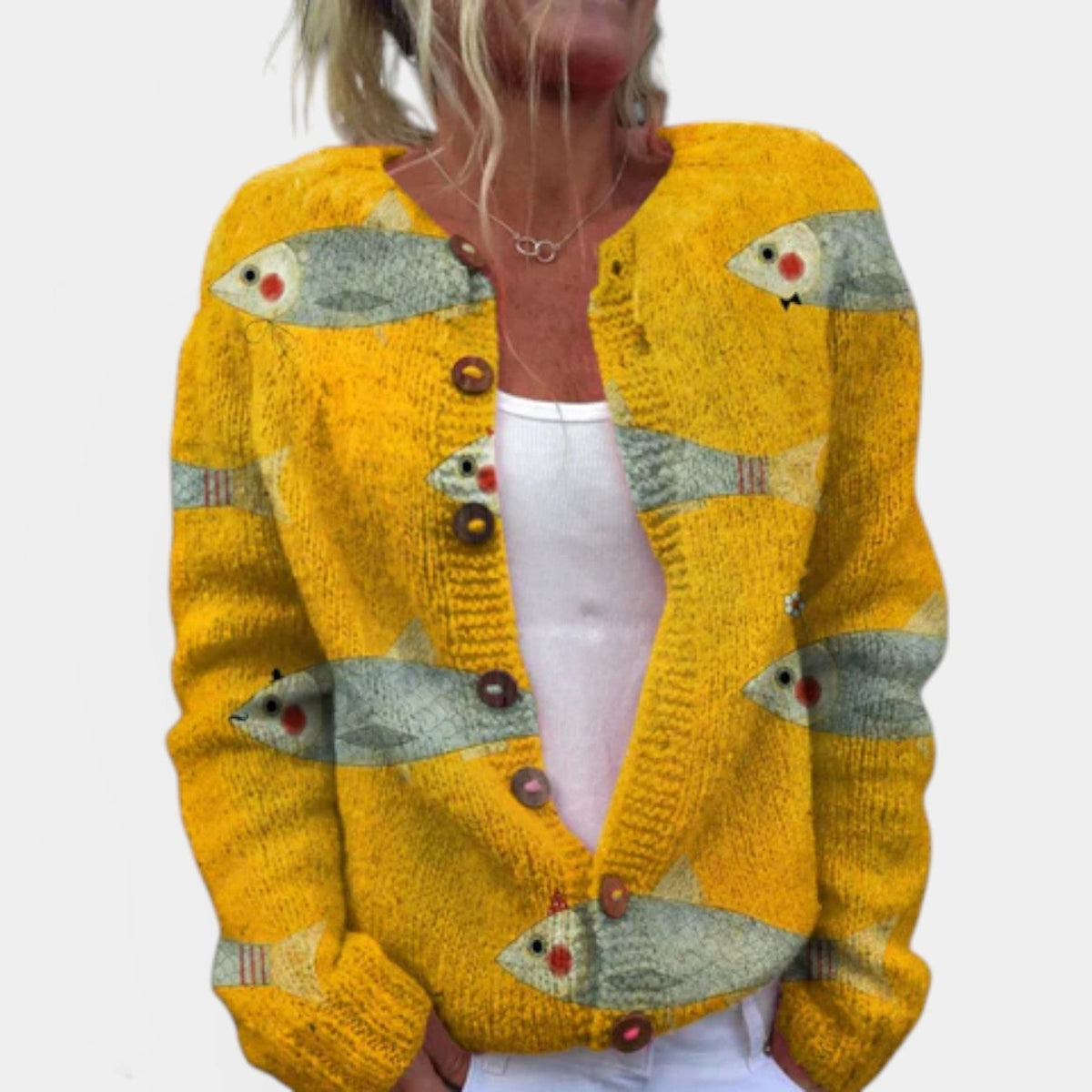 Fish Print Button Front Knit Cardigan