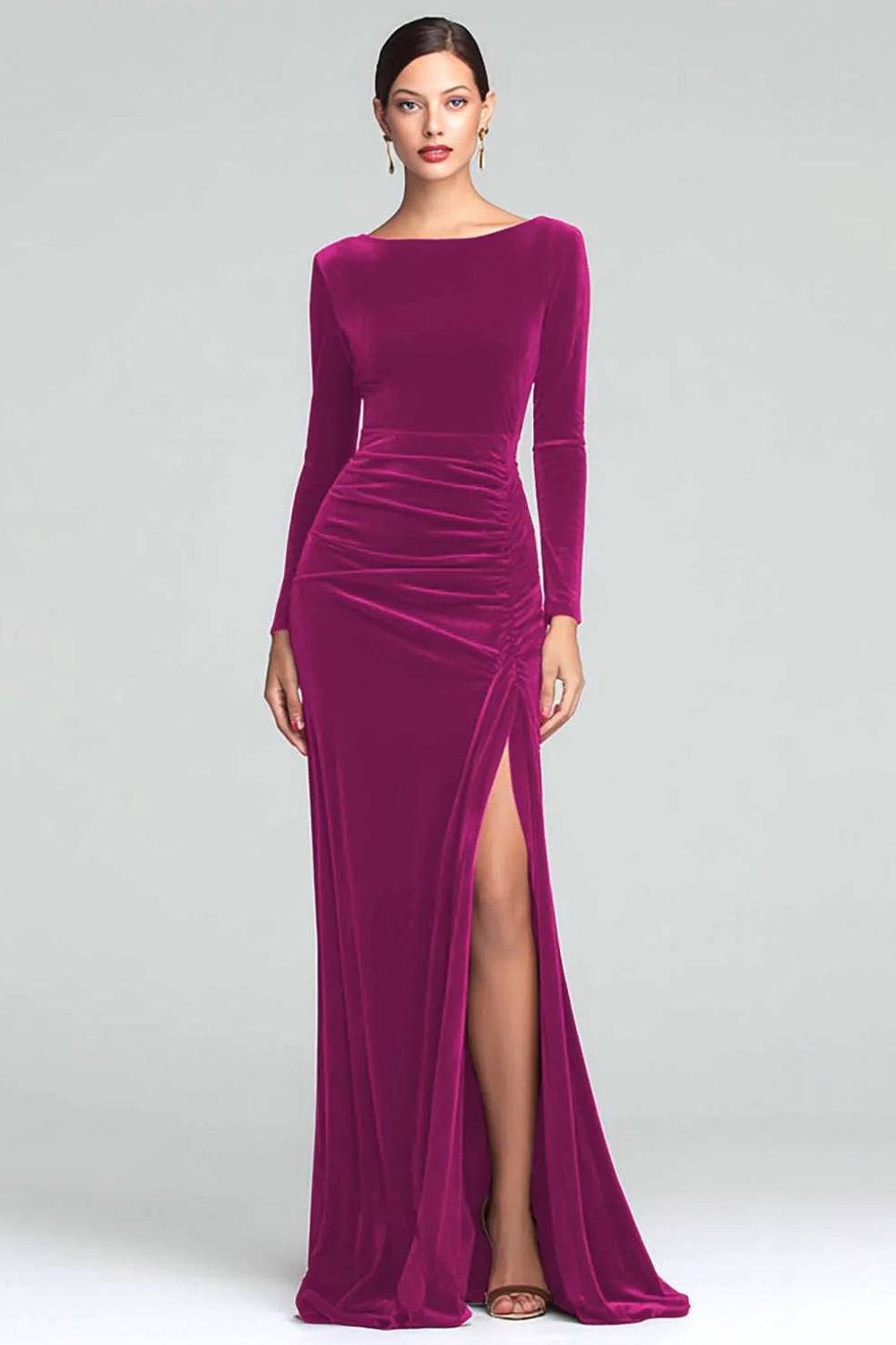 Burgundy Boat Neck Velvet Ruched Long Sleeves Holiday Party Dress