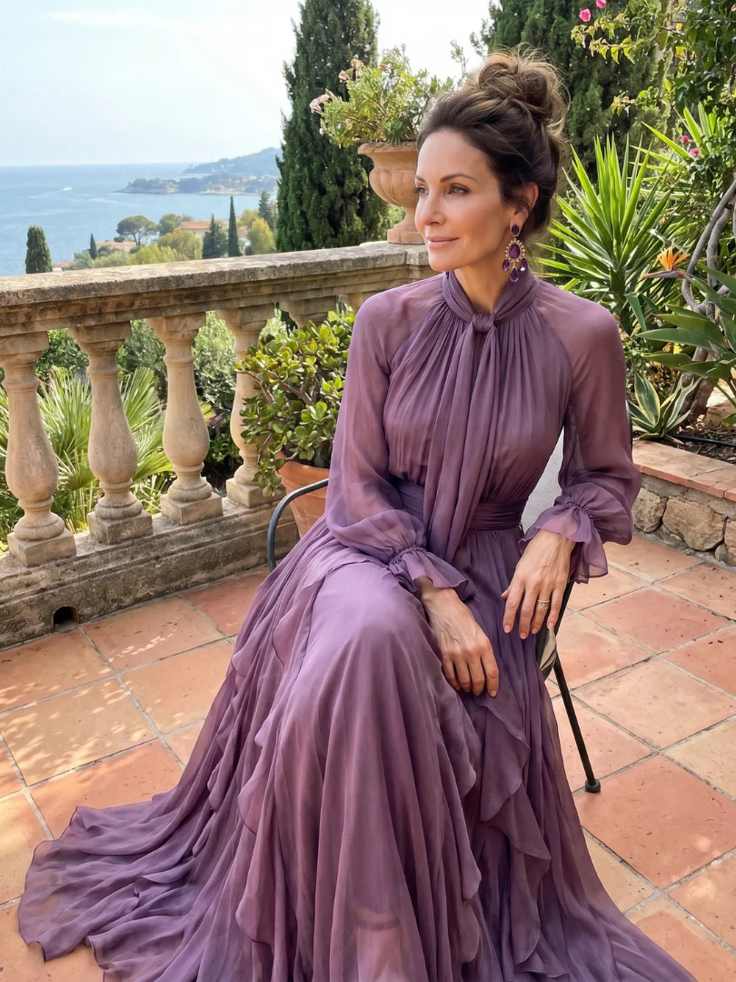 Tie Neck Long Sleeve Tiered Ruffle Chiffon Maxi Dress 7