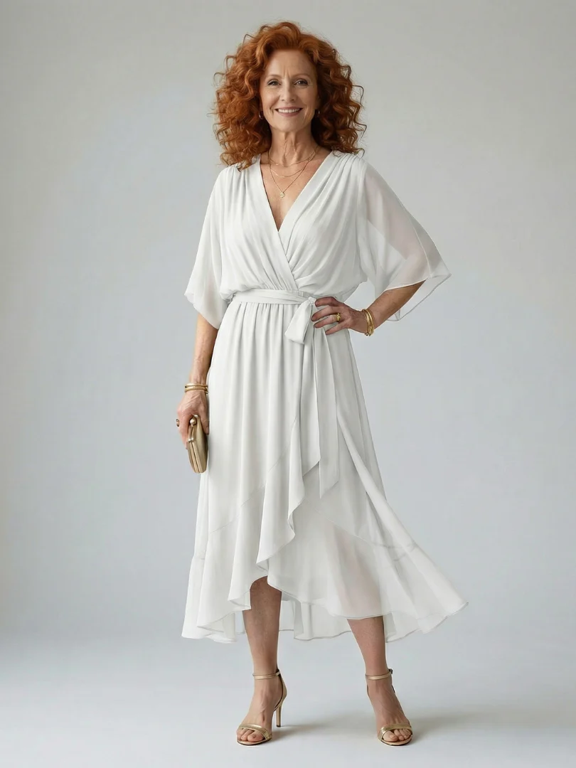 V-Neck Half Sleeve Belted Wrap High Low Midi Dress 7
