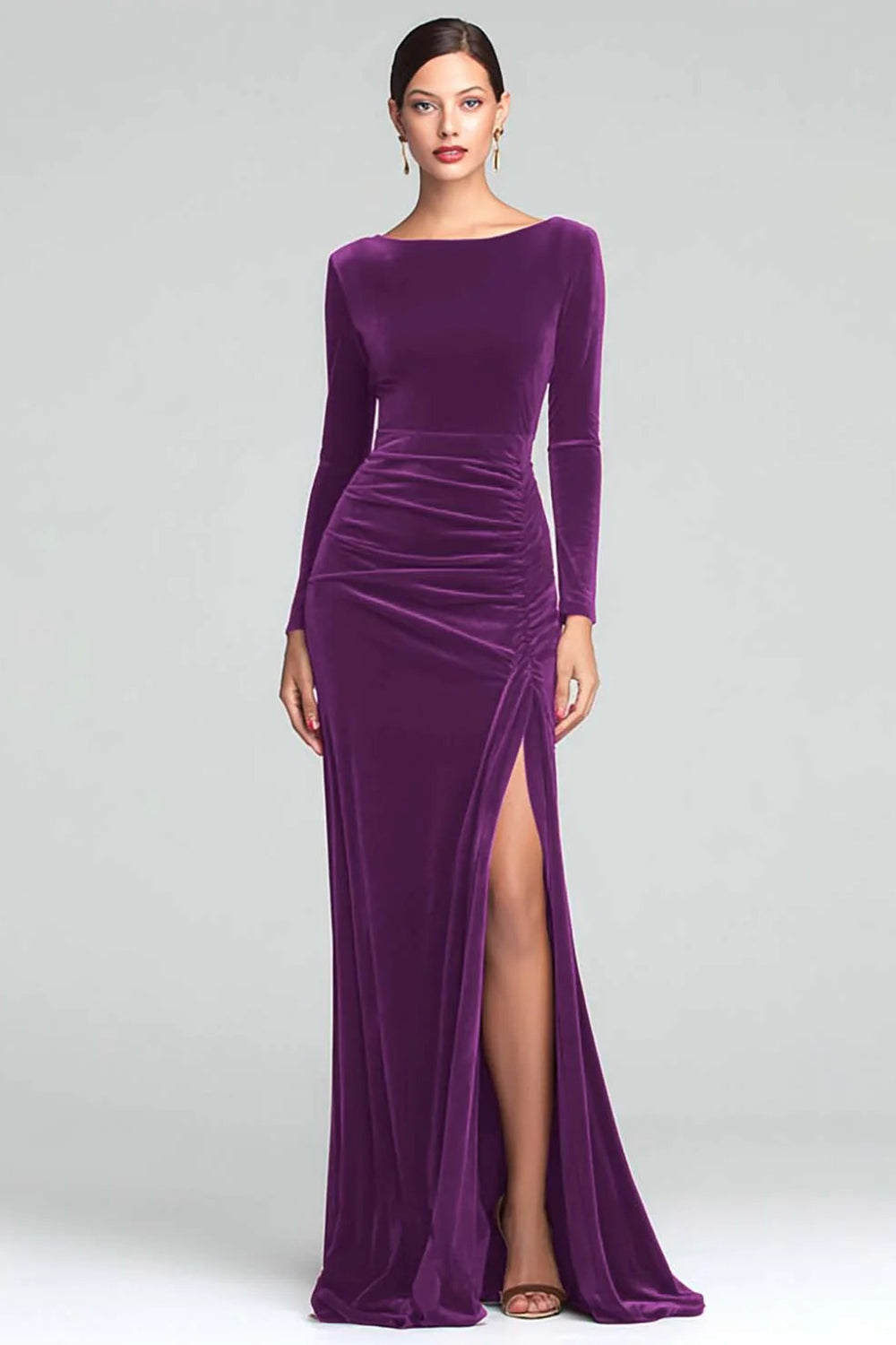 Burgundy Boat Neck Velvet Ruched Long Sleeves Holiday Party Dress