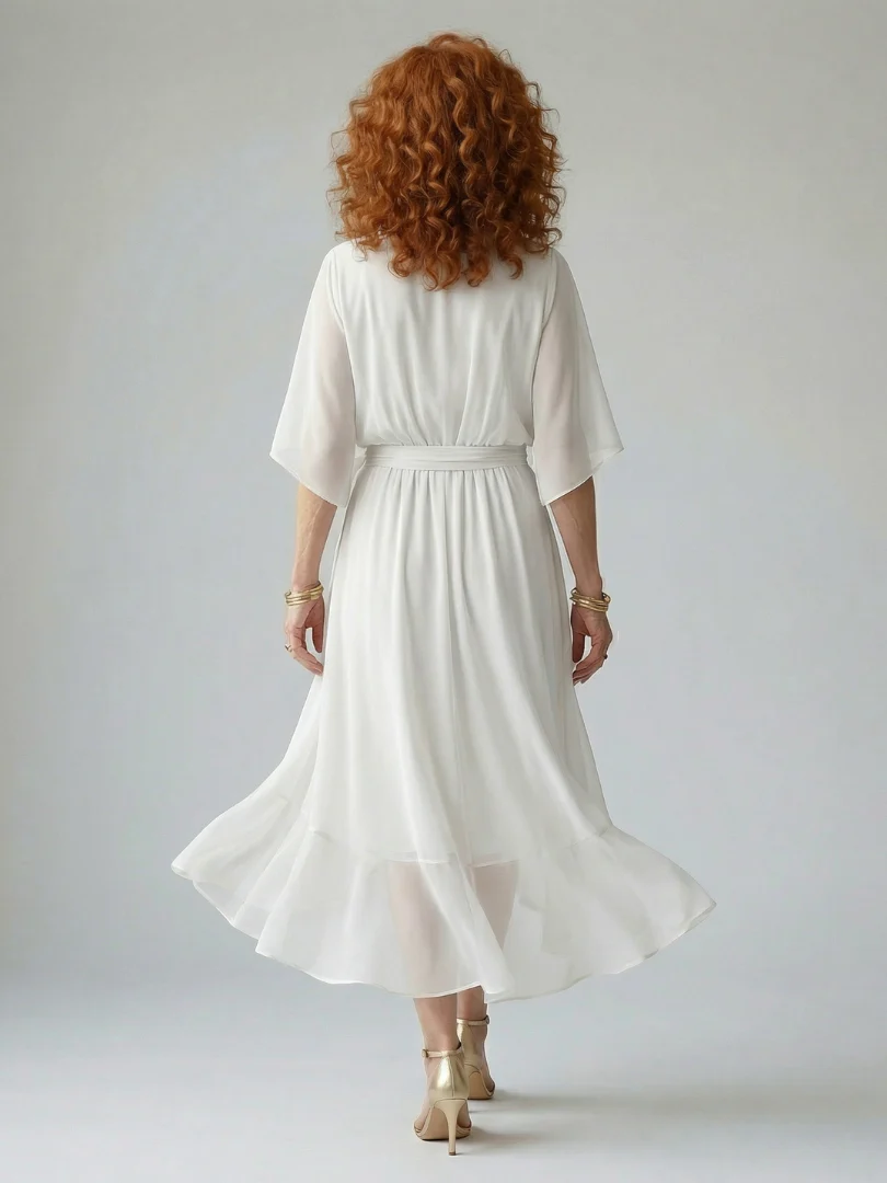 V-Neck Half Sleeve Belted Wrap High Low Midi Dress 8