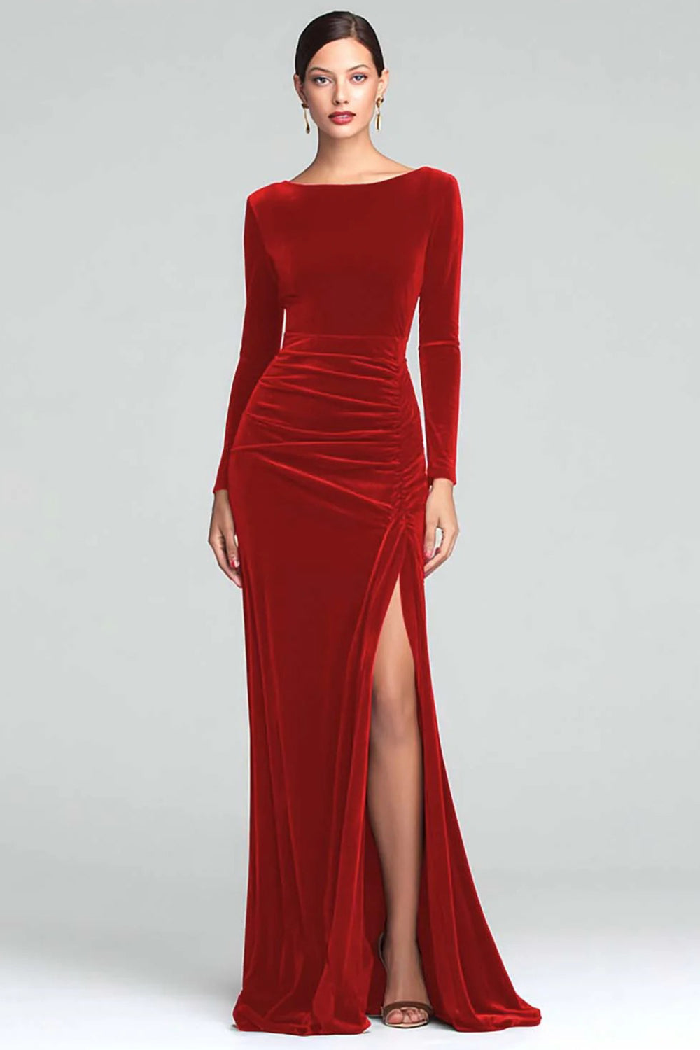 Burgundy Boat Neck Velvet Ruched Long Sleeves Holiday Party Dress