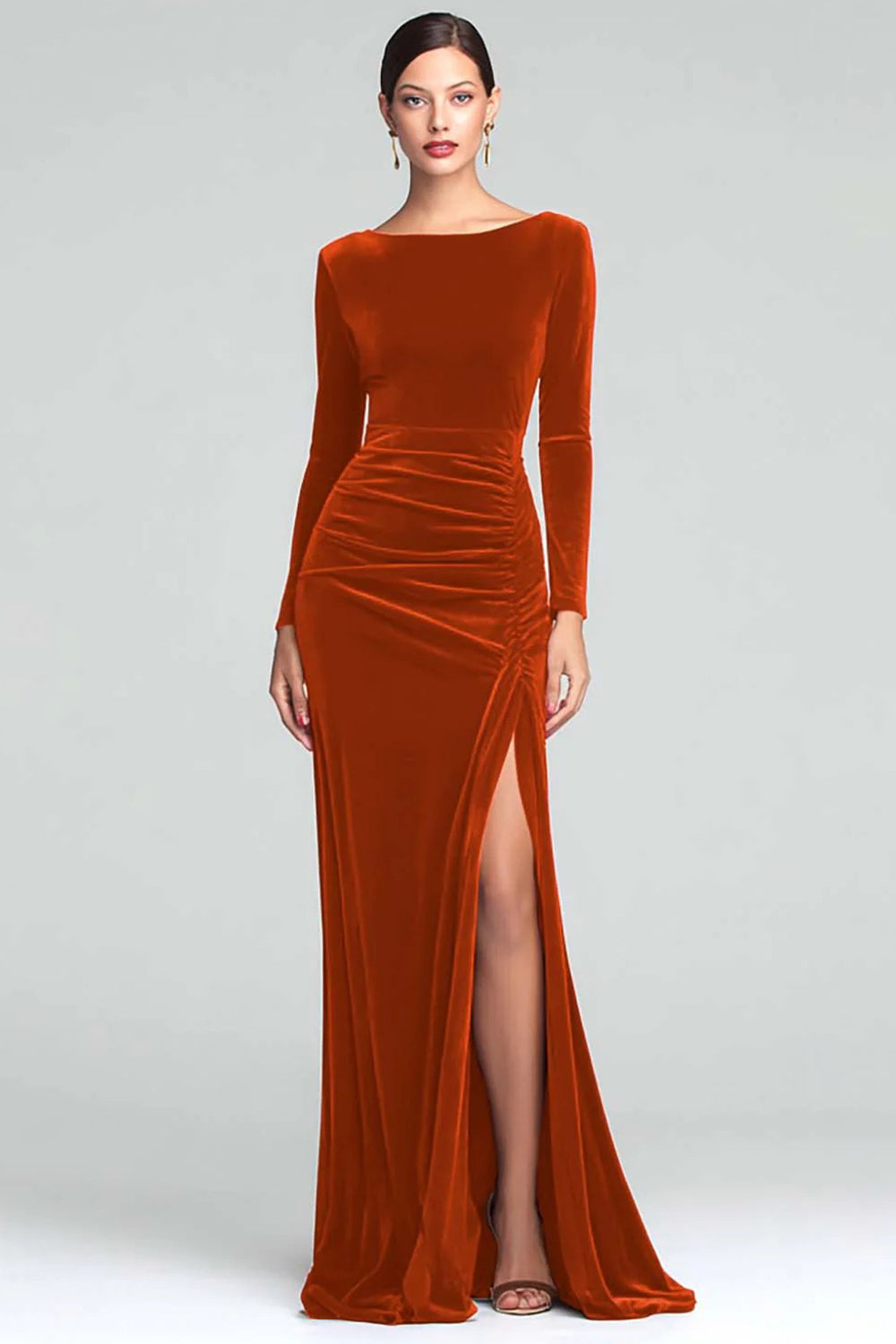 Burgundy Boat Neck Velvet Ruched Long Sleeves Holiday Party Dress