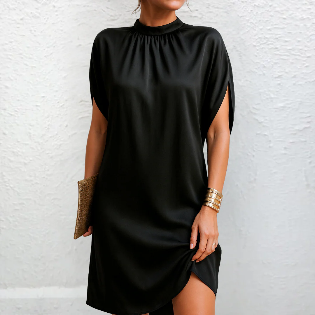 Mock Neck Short Sleeve Satin Look Shift Mini Dress