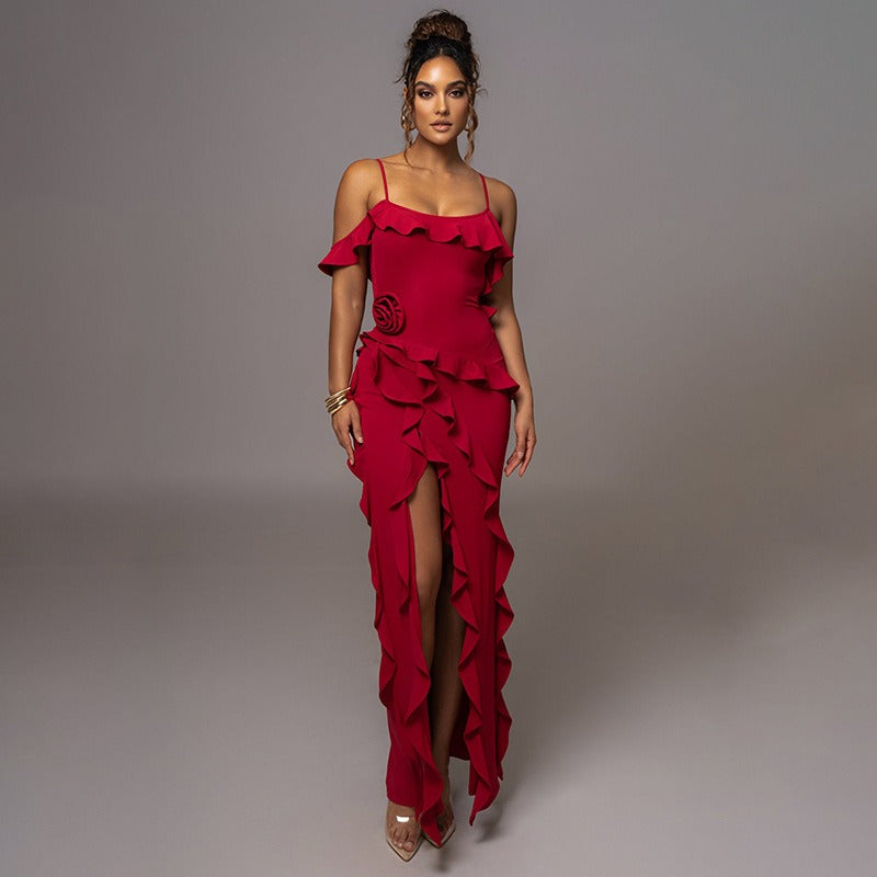 Satin Cold-Shoulder Ruffle Rosette High-Slit Maxi Dress
