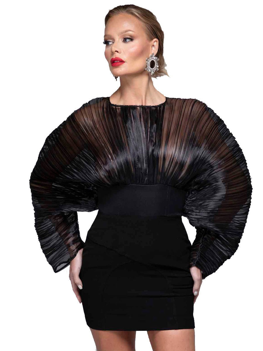 Mesh Micro Pleat Architectural Puff Sleeve Cinched Mini Dress