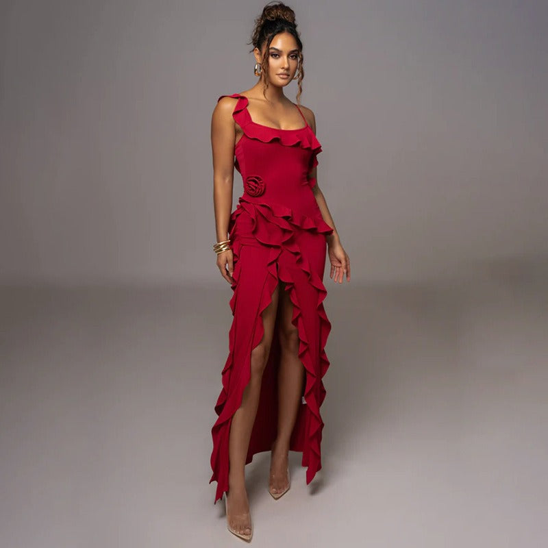 Satin Cold-Shoulder Ruffle Rosette High-Slit Maxi Dress 2
