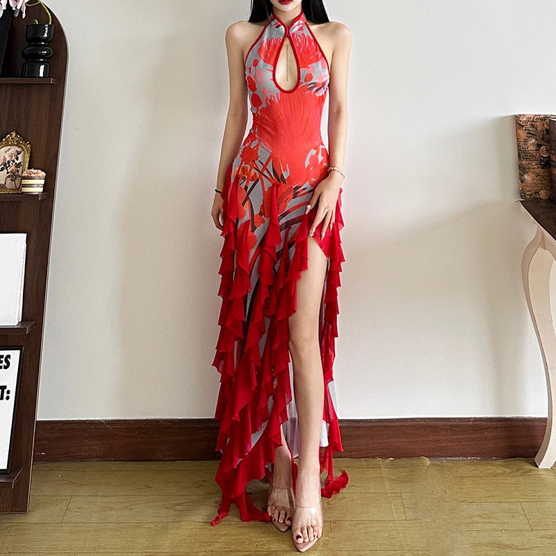 Floral Print Halter Keyhole Ruffle-Trim Asymmetric Maxi Dress
