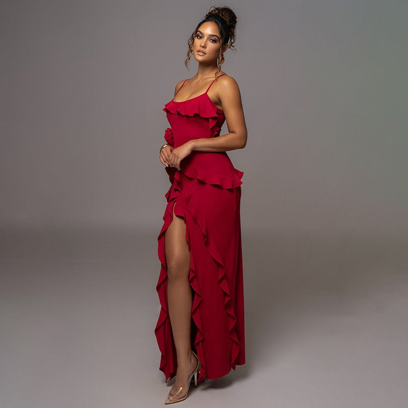 Satin Cold-Shoulder Ruffle Rosette High-Slit Maxi Dress 3