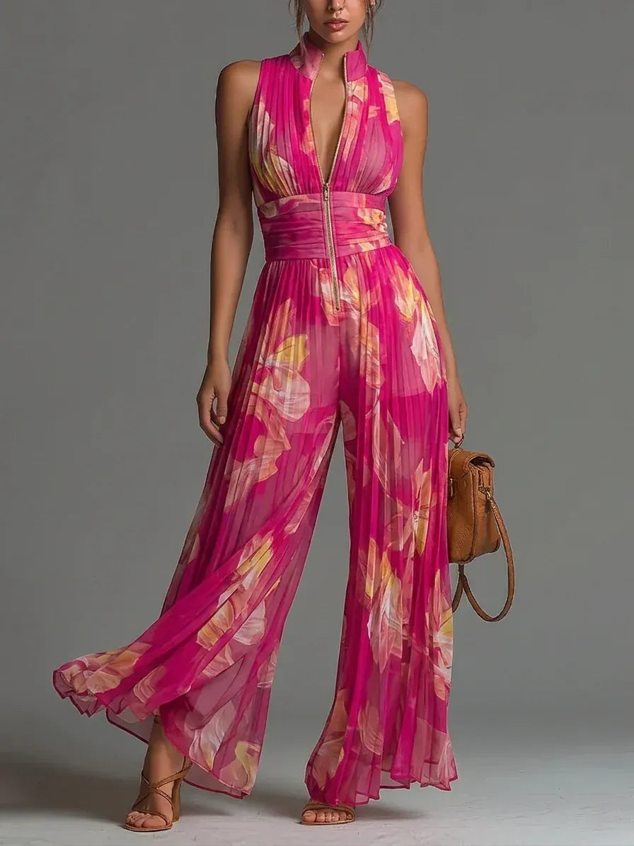 High Neck Zip Front Pleated Wide Leg Jumpsuit 9