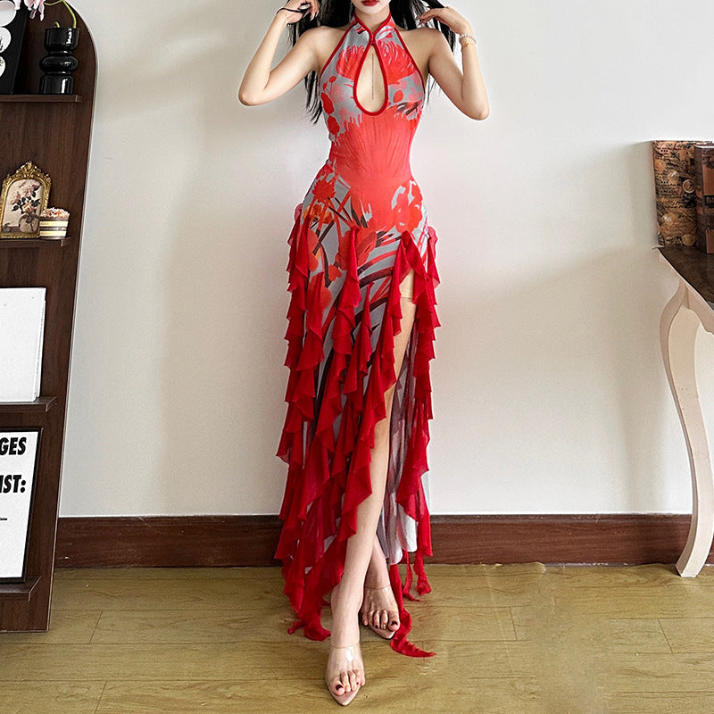 Floral Print Halter Keyhole Ruffle-Trim Asymmetric Maxi Dress 2