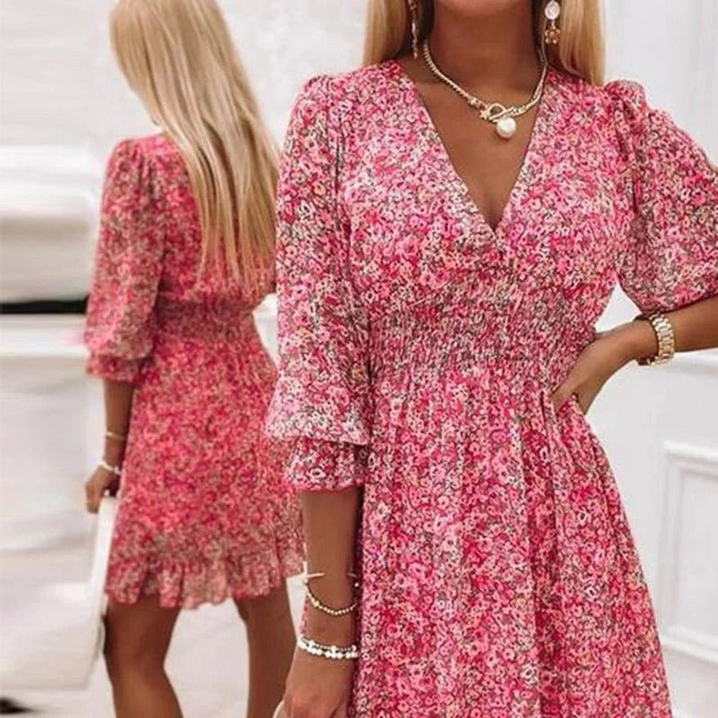 V-Neck Flare Sleeve Floral Pleated Waist Mini Dress