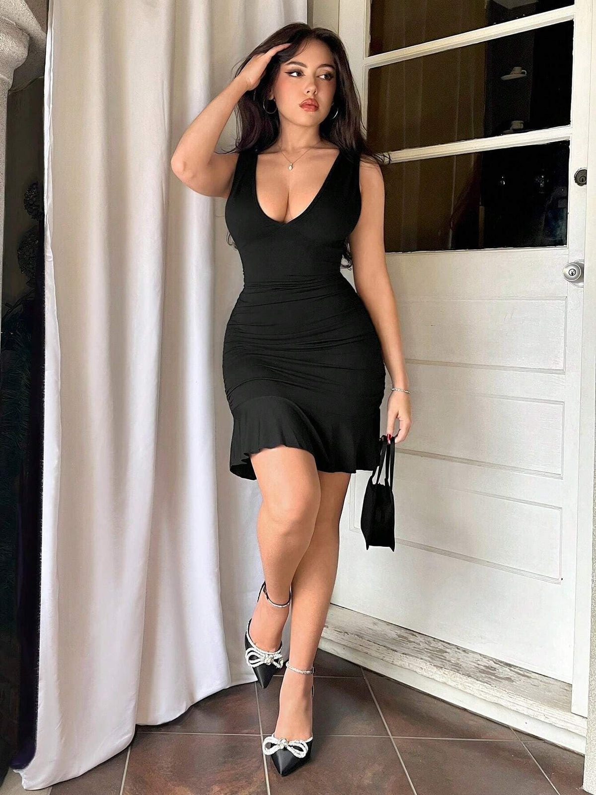 Metallic Halter Plunge Ruched Bodycon Mini Dress 2