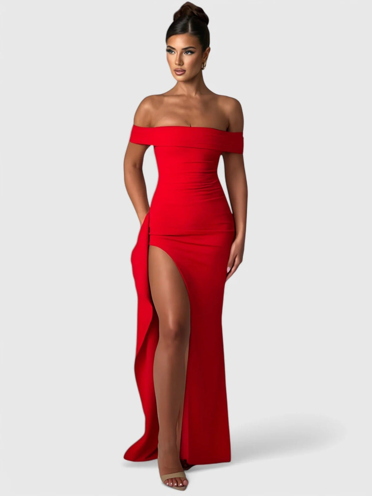 Off Shoulder Ruched High Split Maxi Dress 33