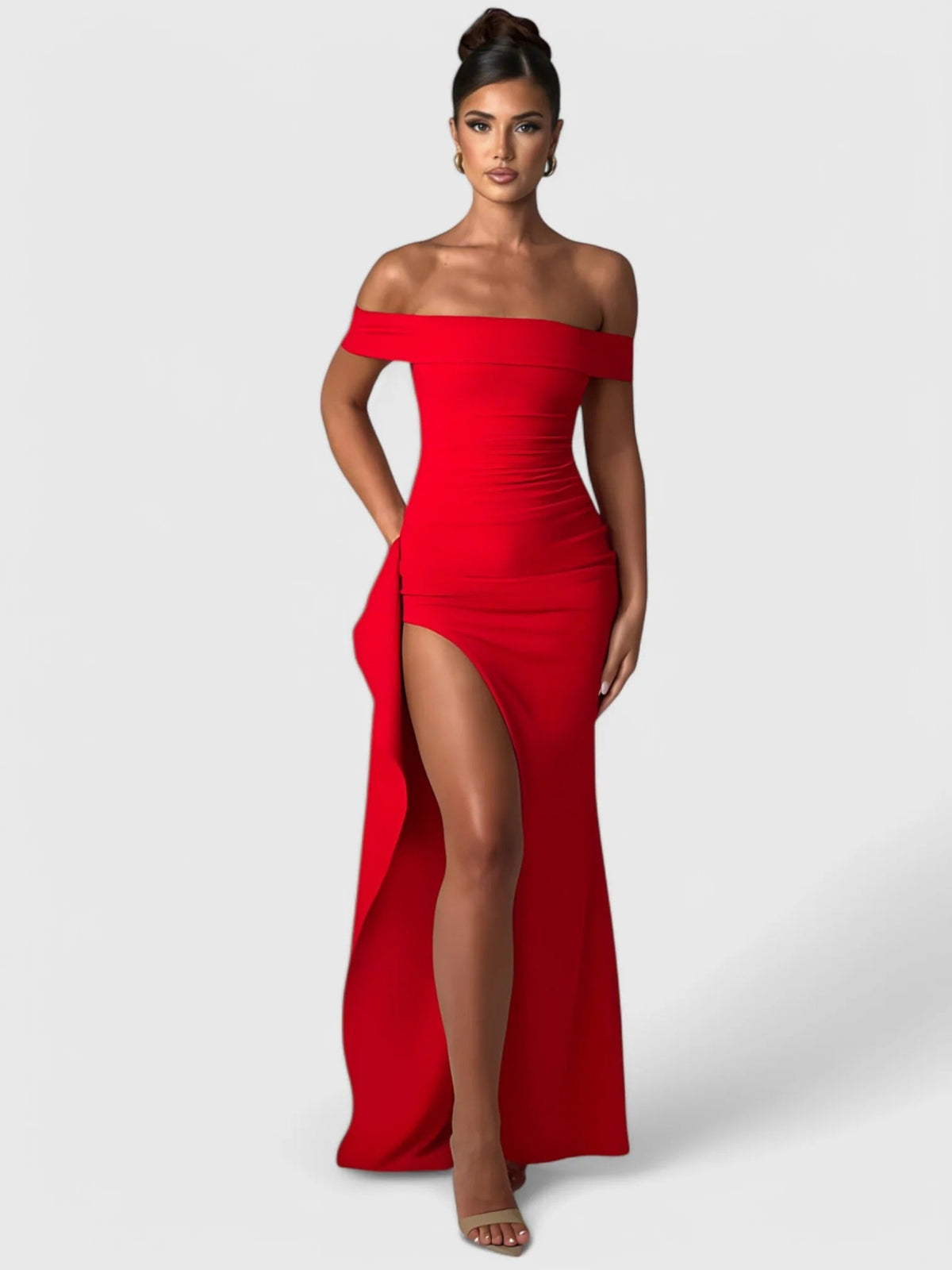 Off Shoulder Ruched High Split Maxi Dress 35