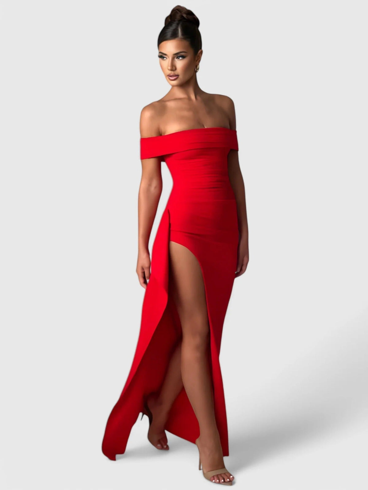 Off Shoulder Ruched High Split Maxi Dress 36