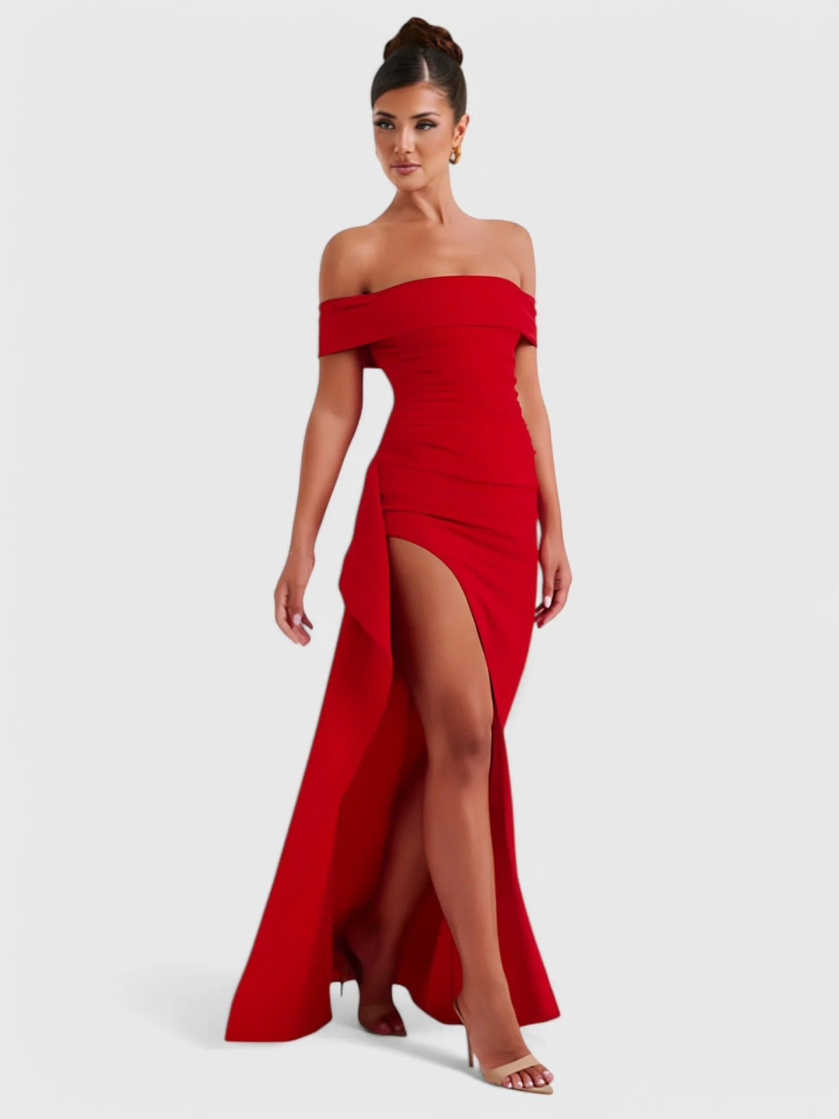 Off Shoulder Ruched High Split Maxi Dress 2