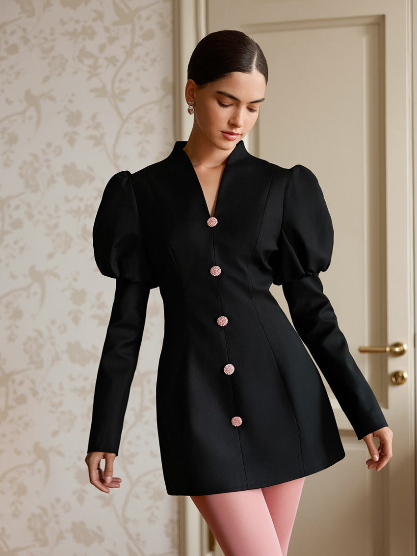 Puff-Sleeve Button-Front Tailored Blazer Mini Dress 2