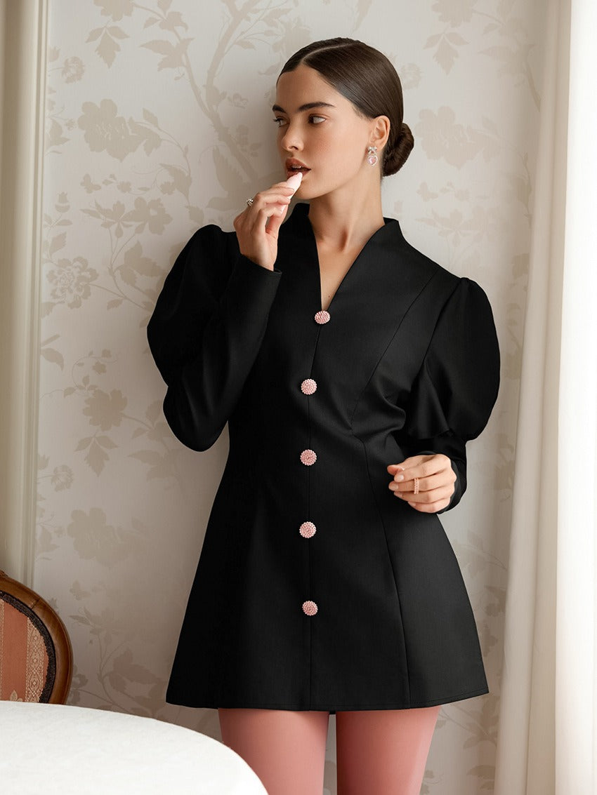 Puff-Sleeve Button-Front Tailored Blazer Mini Dress 3