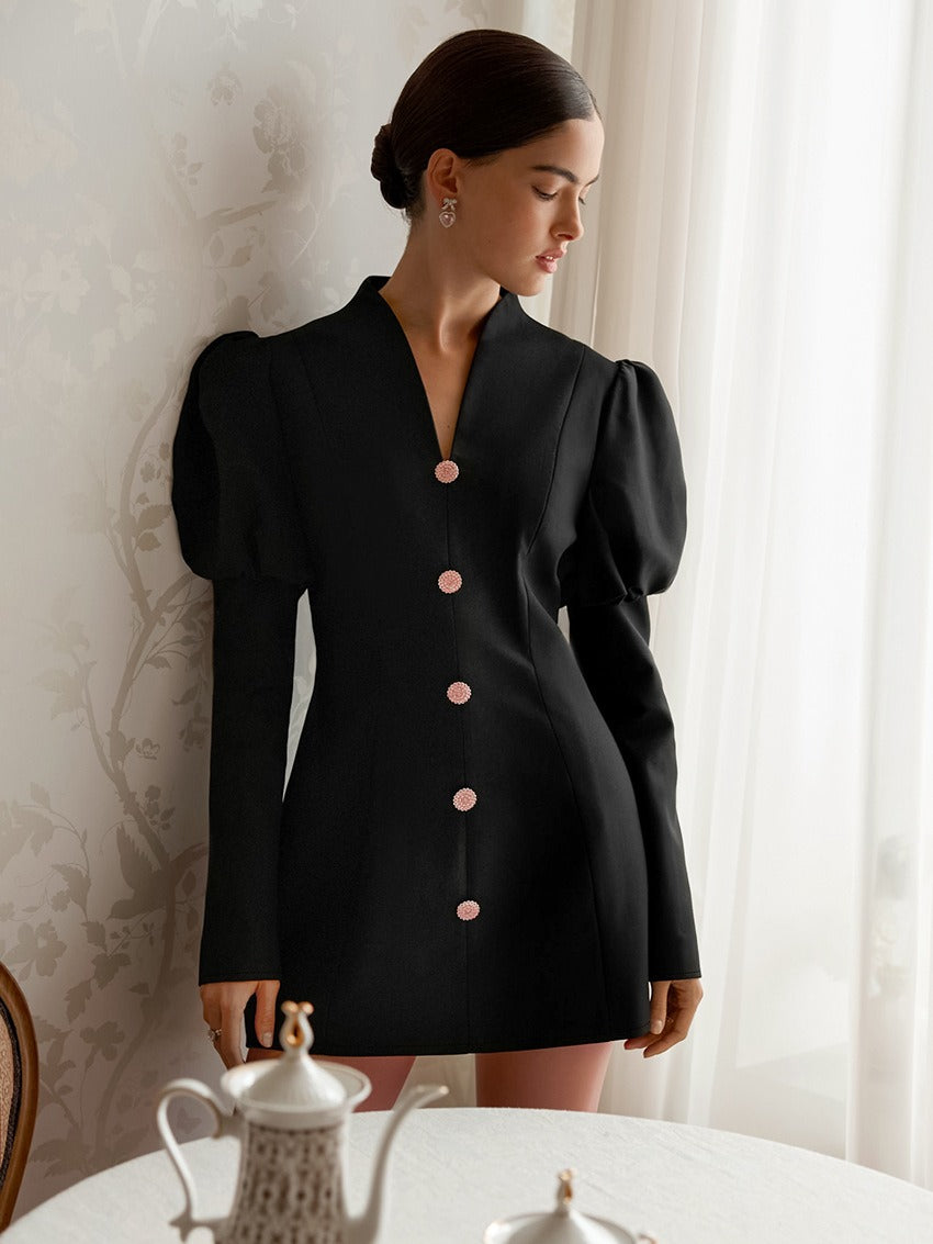 Puff-Sleeve Button-Front Tailored Blazer Mini Dress 4