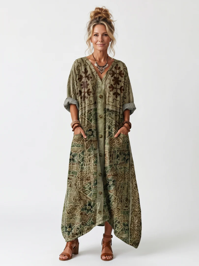 Geometric Print Button Front Rolled Sleeve Kaftan Maxi Dress