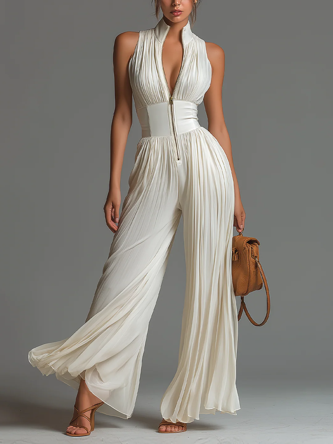 High Neck Zip Front Pleated Wide Leg Jumpsuit